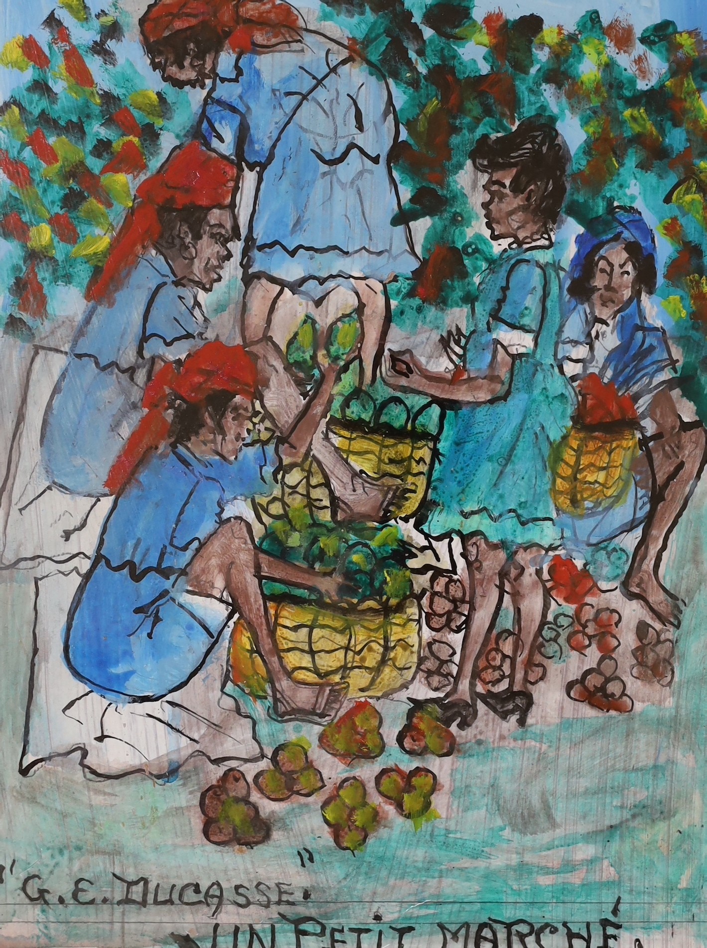 Gervais Emmanuel Ducasse (Haitian, 1903-1988) , ink and watercolour on board, 'Un petit marché', 35 x 26cm